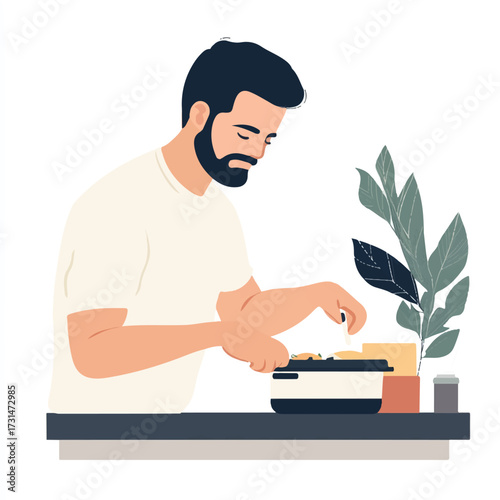 illustration of a bearded man cooking in a kitchen