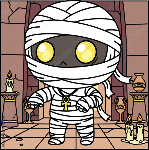 The mummy in the background is an ancient tomb of the Pharaoh.