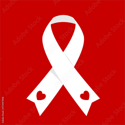 White ribbon with a heart symbol at the tip, representing health awareness and medical support, flat art design style.
