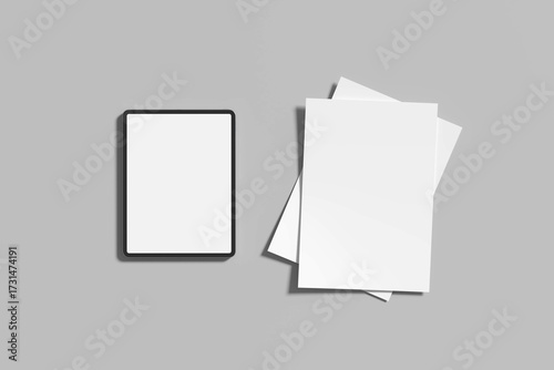 Tablet Mockups With Blank Screens, Side Perspective View, with Realistic blank A4 format paper. Vector Illustration
