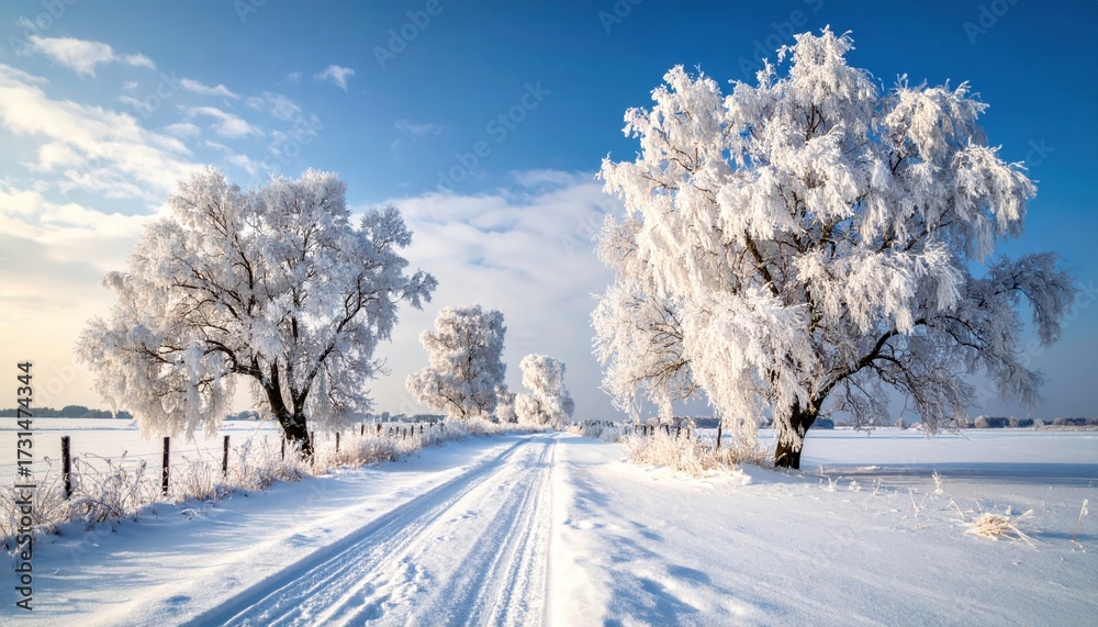 Obraz premium A serene winter landscape presents a snow-covered road winding through a field, flanked by frosted trees under a vibrant blue sky with scattered clouds, evoking a sense of peaceful tranquility and...
