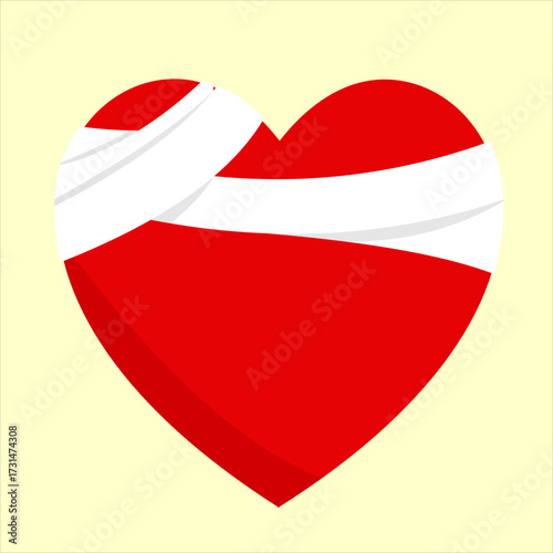 Red heart injury wrapped in a white cloth bandage, symbolizing healing and emotional recovery, flat art design style.
