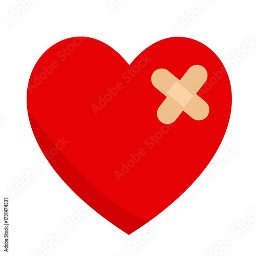 Red heart with a wound covered by a bandage, a symbolic image of heartbreak or emotional recovery, flat art design style.
