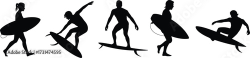 Set of five surfer silhouettes in dynamic poses including walking, balancing, aerial maneuver, and wave riding for sport design