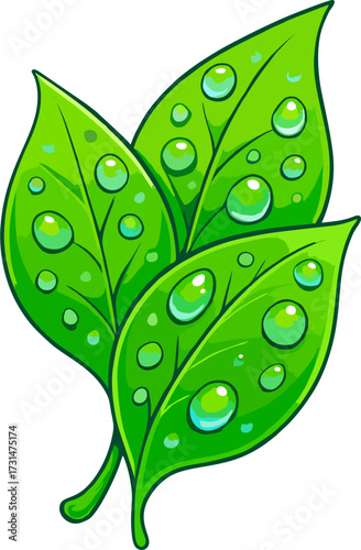 Bright Green Moisture Leaves Vector with Water Droplets, Editable Art