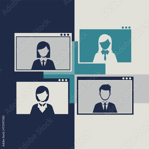 Illustration of a virtual business meeting with four participants on a video conference call.