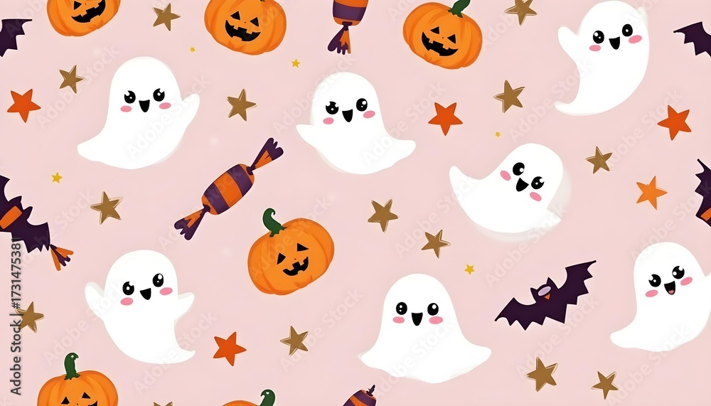 Fototapeta premium Cute Halloween seamless pattern with kawaii ghosts, candies, stars, and pumpkins, pastel color palette.