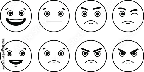 Collection of emoticon face expressions vector set including happy, sad, angry, neutral, and winking emoji icons for digital design.