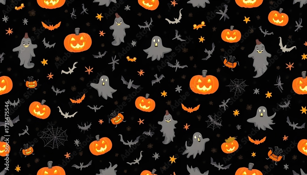 Seamless Halloween pattern background with pumpkins, ghosts, bats, and spider webs, vector style, black and orange, flat design.