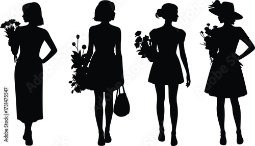 Set of four elegant female silhouettes holding flower bouquets, showcasing diverse dresses, accessories, and graceful postures for design use