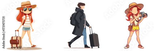 Flat vector illustration of stylish tourists with luggage on vacation