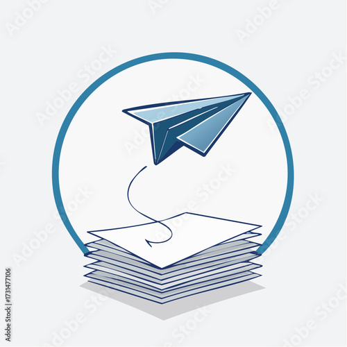 A blue paper airplane takes flight from a stack of white paper, enclosed within a blue circle.