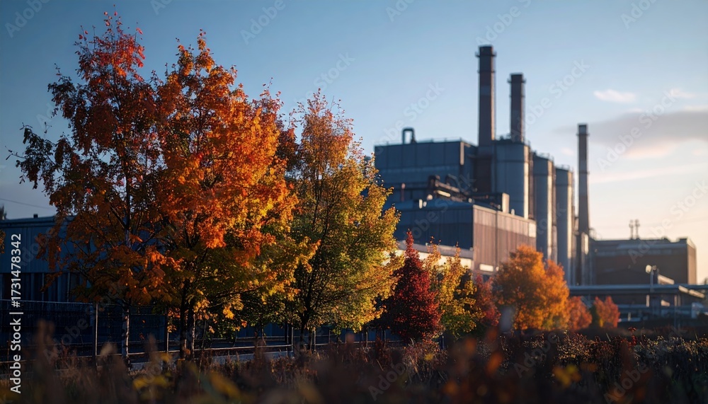 Obraz premium trees in front of industrial building