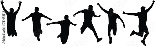Set of six jumping silhouette figures in mid-air poses expressing joy, freedom, and celebration for design and artistic use