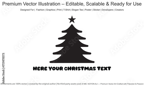 Simple black silhouette christmas tree with star and text space