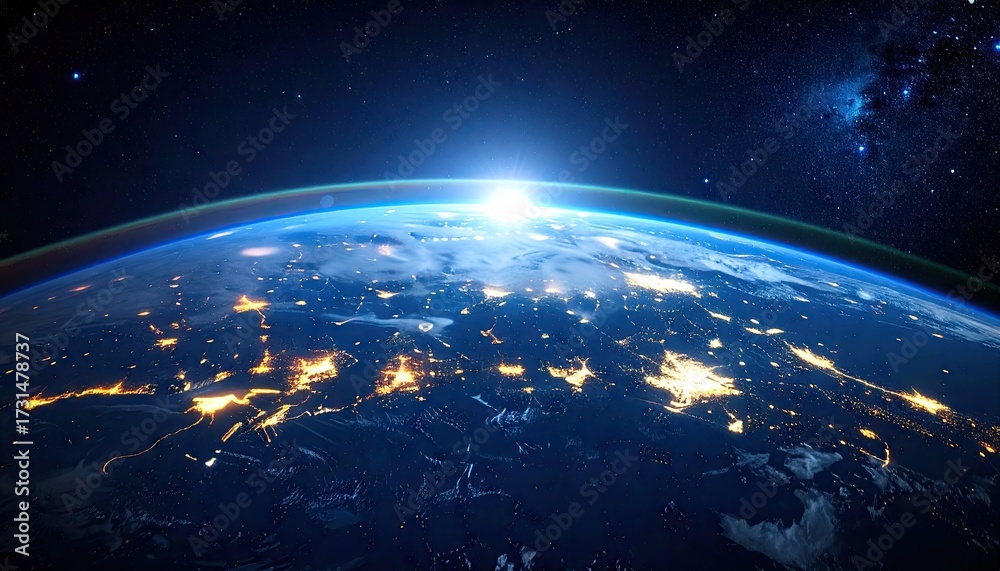 Obraz premium Earth From Space Showing City Lights and Atmosphere with Starry Background