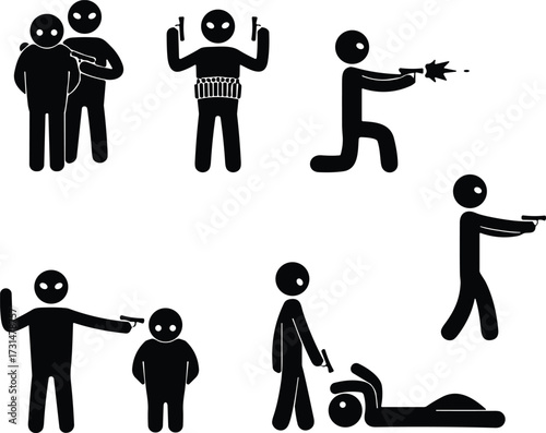 Set of six stick figure silhouettes illustrating violent actions including gun threats, explosive vest, and aggressive postures for cautionary use