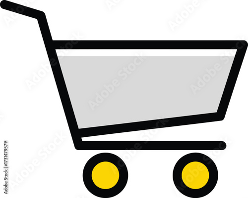 Shopping cart icon with black outline and yellow wheels.