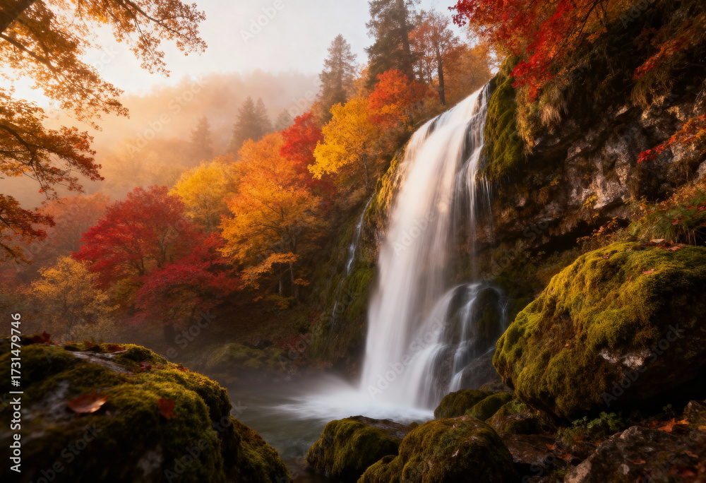 Fototapeta premium Waterfall cascading in autumn, vibrant foliage, misty sunrise