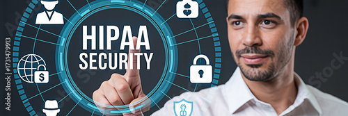 Man touching a digital screen displaying hipaa security icons for healthcare compliance and data protection