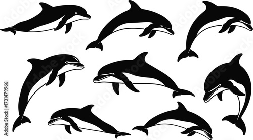 Black dolphin silhouette illustration, jumping dolphin vector artwork, ocean marine animal design, dolphin collection outline, aquatic wildlife drawing, sea mammal illustration