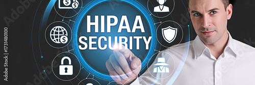 Man touching a digital HIPAA security interface with icons for data protection and compliance online