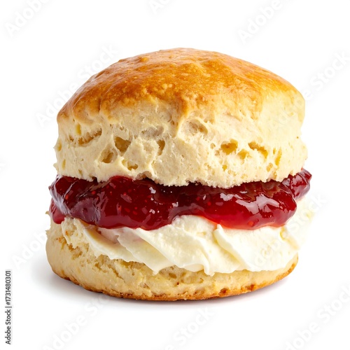 Buttery scone halved and layered with jam and cream