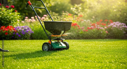 Gardener using spreader on lush green lawn with colorful flowers outdoors