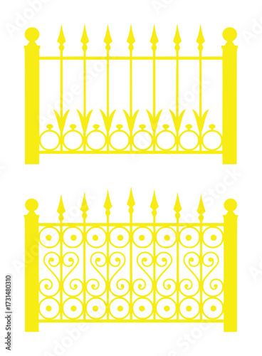 Two Yellow Ornate Metal Fences with Spikes and Decorative Scrolls