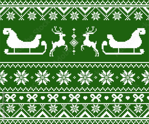 Seamless reindeer and poinsettia sleigh in white and green.