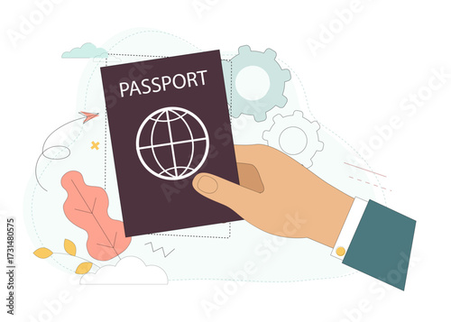 Passport, obtaining a passport, citizenship, residence permit, residency. A man's hand holding a passport. Vector flat illustration..eps