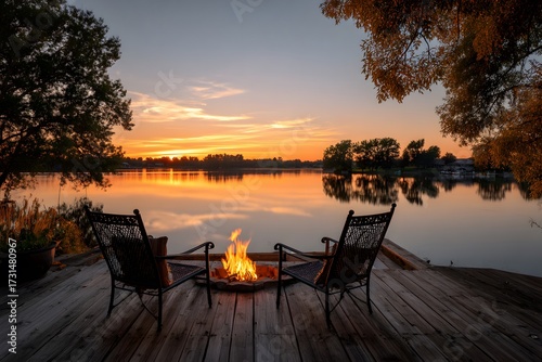 Sunset over calm lake, two chairs facing fire pit on wooden deck.