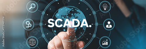 Person touching scada interface with global network and icons for industrial automation systems control