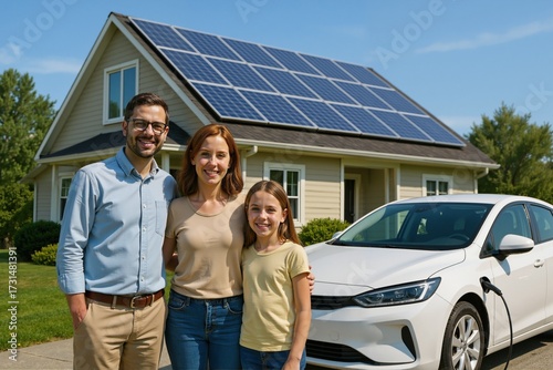 Happy family with an electric car and a solar panel home. Sustainable lifestyle concept.