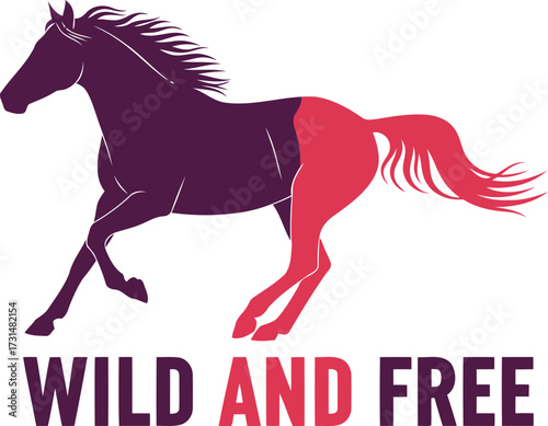 A stylized two-color graphic of a running horse with the inspirational text 'Wild and Free' below.