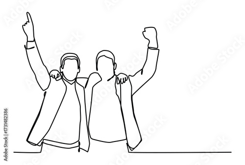 Continuous one line art of  Happy Businessman and team raise up hand for achievement together. Business success concept.