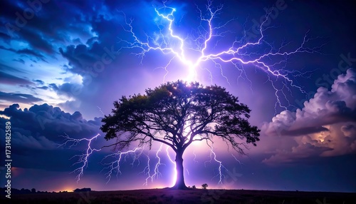 Dramatic storm with lightning striking a lone tree