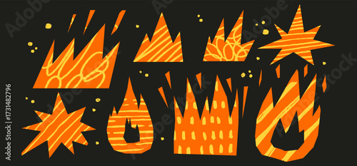 Playful fire and explosion scrapbook elements with crayon pen textures, scribbles and doodles patterns. Kids flame paper cutout  silhouette in bright orange and yellow for collage.