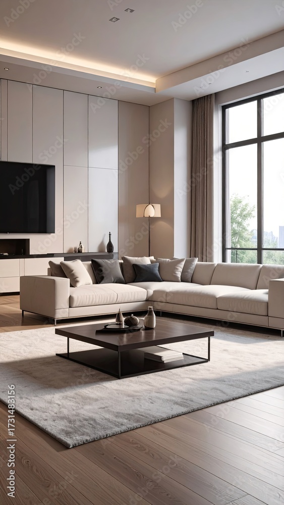 Fototapeta premium Elegant Living Room with Cream Sofa and Large Window Interior Design