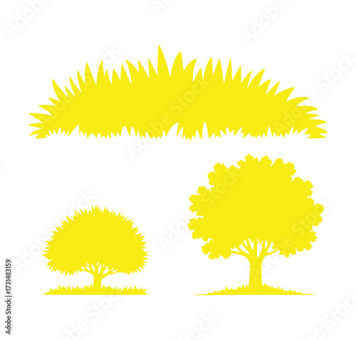 Yellow Silhouette of Grass and Trees on a White Background