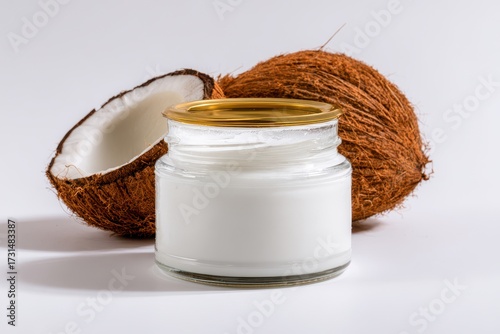Coconut Oil Jar with Open Coconut Half on White Background