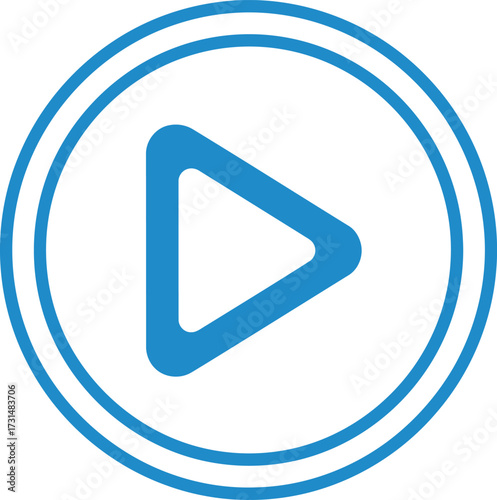 Blue play button icon with double circle border on white background.