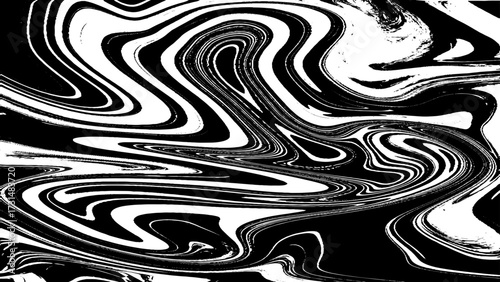 Black and White Abstract Digital Background with Interweaving Curved, Elegant Black Marble Ink Texture with Acrylic Painted Waves.
