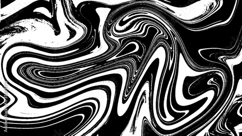 Black and White Abstract Digital Background with Interweaving Curved, Elegant Black Marble Ink Texture with Acrylic Painted Waves.
