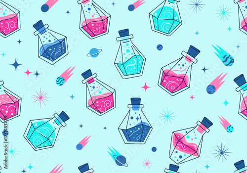 A whimsical, seamless pattern of cosmic potions filled with sparkling galaxies floats alongside shooting stars and tiny ringed planets.