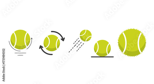 Animated tennis ball icons depicting various movements and actions for sports education, game design, and instructional animation projects.