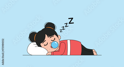 A little girl peacefully sleeping on her pillow with a pacifier in her mouth showing zzzs above her head.