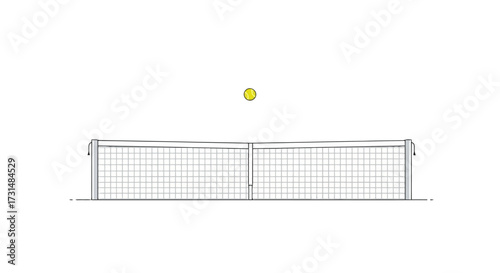 Minimalist Tennis Court Illustration with Ball in Mid-Air for Sports Promotion and Athletic Training Content, Suitable for Adobe Stock Licensing