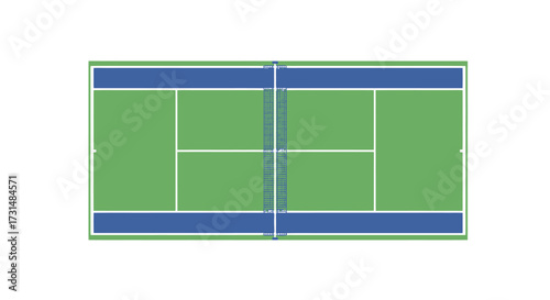 Aerial view of a tennis court showcasing the layout and dimensions, suitable for sports education, game design, or instructional material on tennis rules.