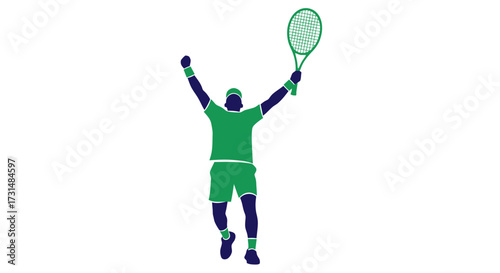 Dynamic Tennis Player Silhouette Celebrating Victory with Racket Raised High for Sports Marketing and Tournament Promotion Materials